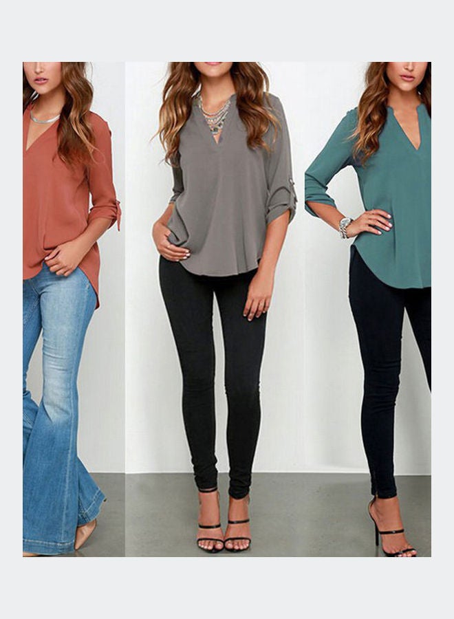 Women's Casual Loose Solid Colour V-Neck Long Sleeve Chiffon Shirt Blouse Top White  - Image 3