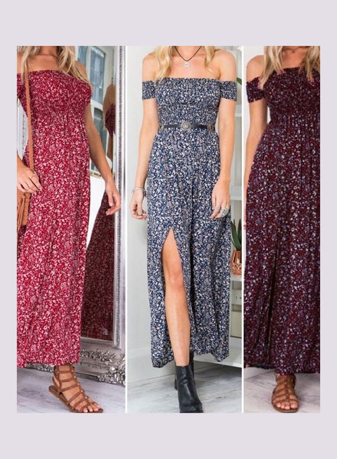 Women's Casual Off Shoulder Boho Floral Split Long Maxi Summer Party Beach Dress Burgundy - Image 1
