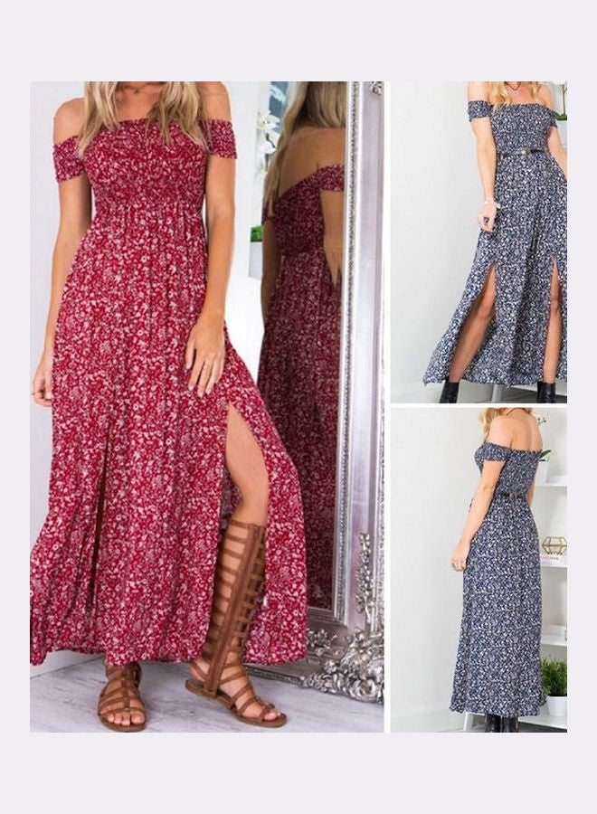 Women's Casual Off Shoulder Boho Floral Split Long Maxi Summer Party Beach Dress Burgundy - Image 2