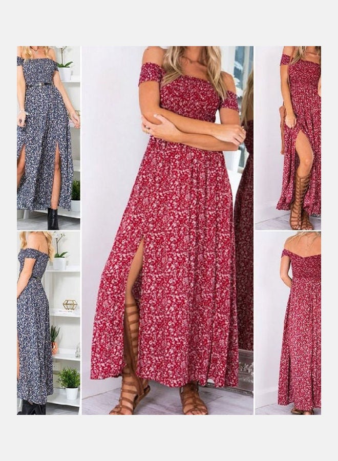 Women's Casual Off Shoulder Boho Floral Split Long Maxi Summer Party Beach Dress Burgundy - Image 3