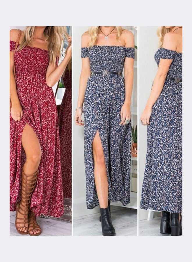 Women's Casual Off Shoulder Boho Floral Split Long Maxi Summer Party Beach Dress Burgundy - Image 4