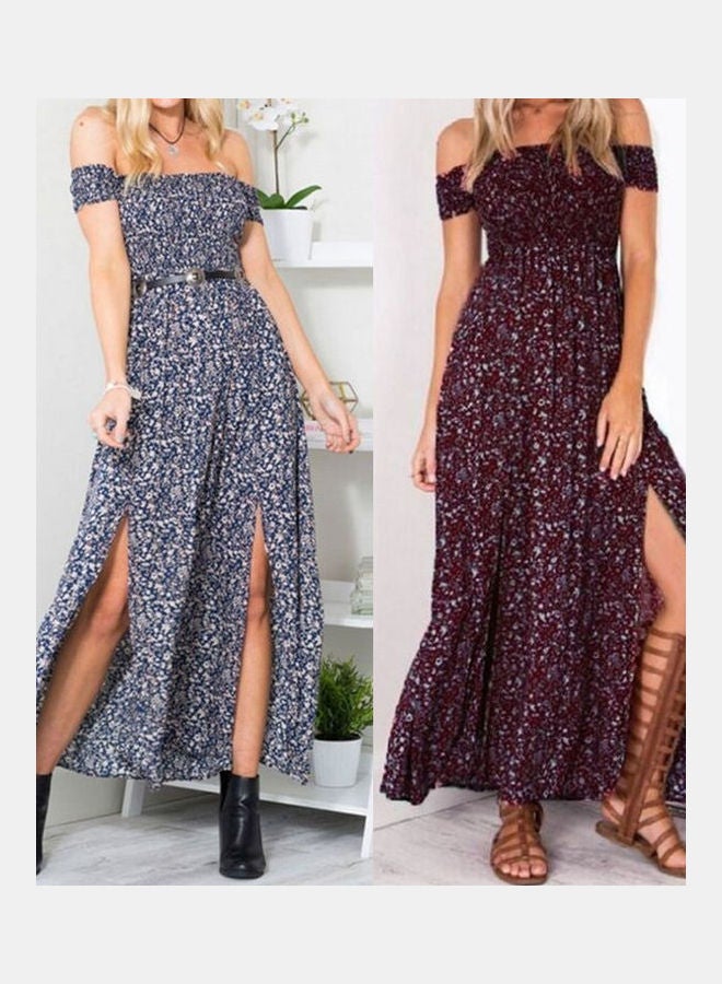 Women's Casual Off Shoulder Boho Floral Split Long Maxi Summer Party Beach Dress Burgundy - Image 5