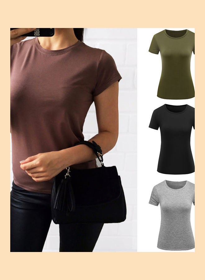 تيشيرت بياقة دائرية ولون واحد بلون القهوة - Image 2