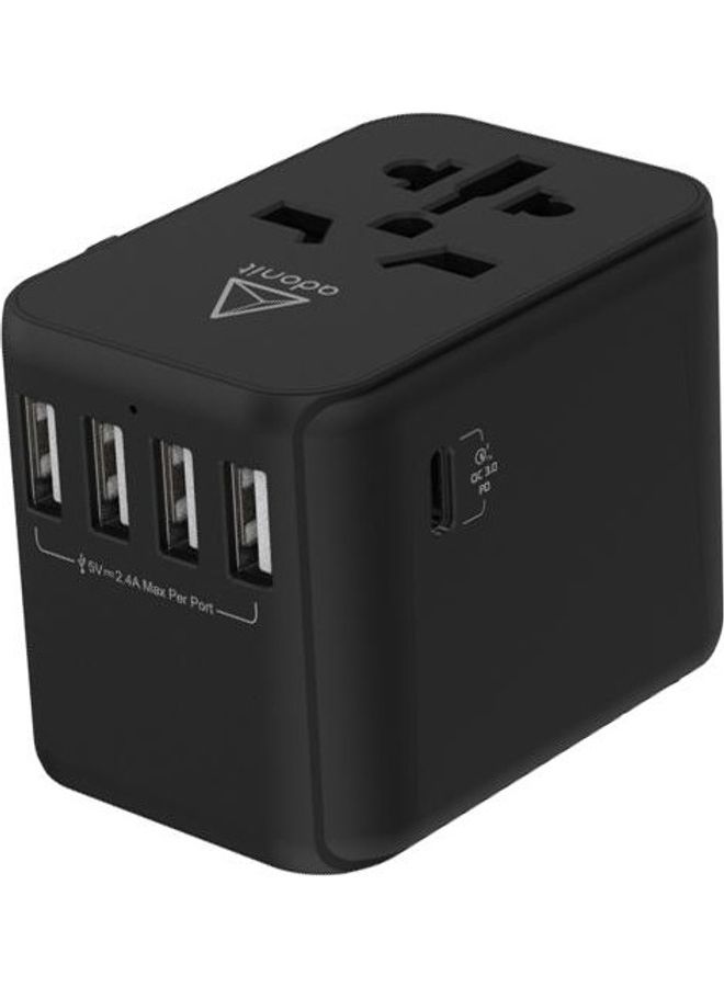 ADONIT - Universal Travel Adapter 4A1C - International Wall Charger PD 30 W (4 USB-A + 1 USB-C) Black - Image 1