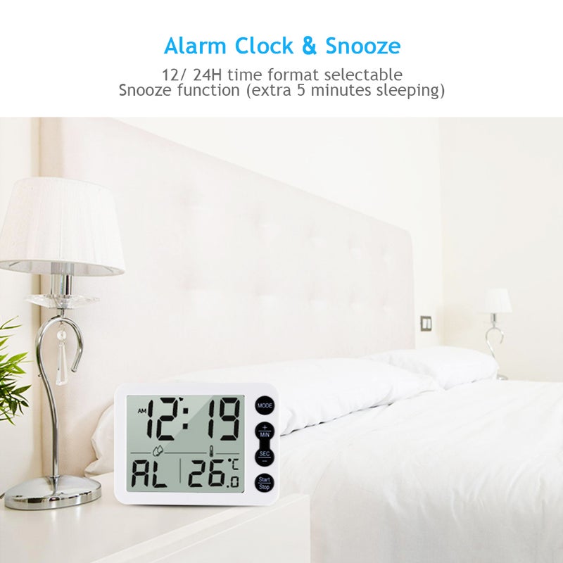 إيهوم ميزان قياس الحرارة والرطوبة داخل المنزل بشاشة LCD رقمية تتيح الاختيار بين السيليسيوس والفهرنهايت مع ساعة أسود وأبيض 9.8سم - Image 2