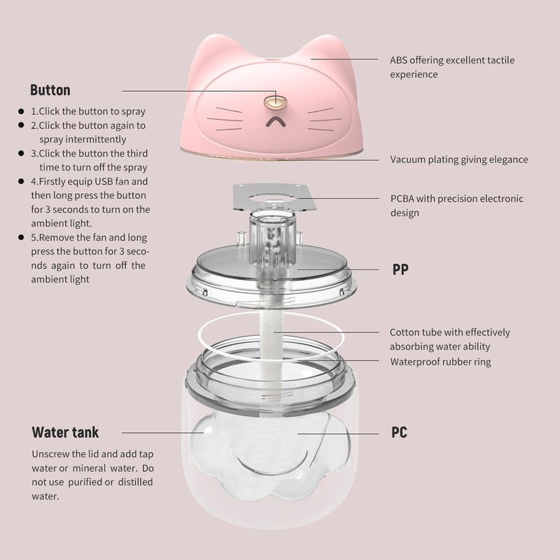 إيهوم جهاز ترطيب الهواء بالرذاذ لطيف ومحمول، بتصميم مخلب قطة وبسعة 120 مل وردي 14.5سم - Image 3