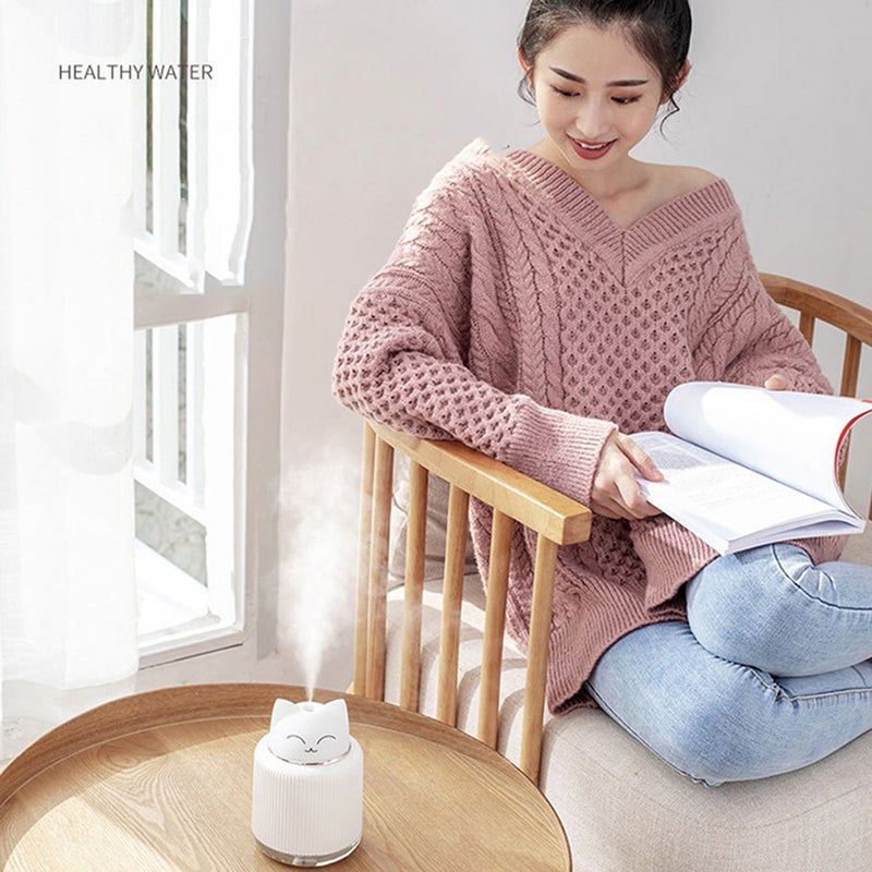 إيهوم جهاز ترطيب هواء بخاخ يعمل بالموجات فوق الصوتية ومزود بمنفذ USB ويستخدم كمصباح ليلي بتصميم قط، 300 مل أبيض 16سم - Image 3