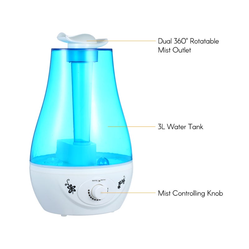 إيهوم جهاز ترطيب الهواء بالبخار المنعش بسعة 3 لتر وفوهات قابلة للتدوير 360 درجة مع 
 إضاءة ملونة أزرق 31سم - Image 2