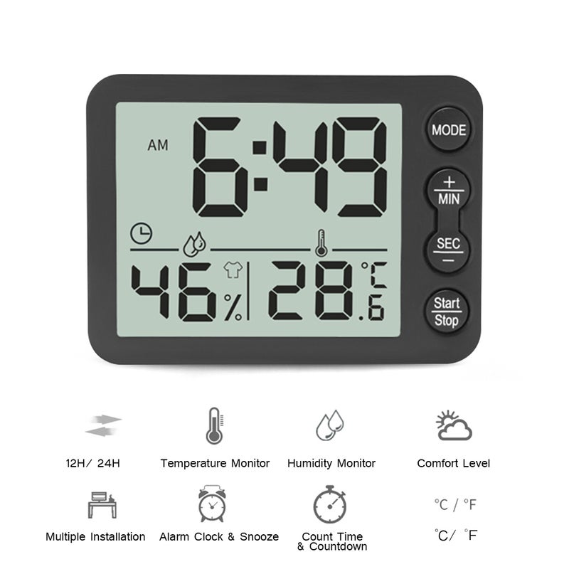 EHOME - Digital Indoor Thermometer & Hygrometer With Clock LCD Display Black 9.8cm - Image 1
