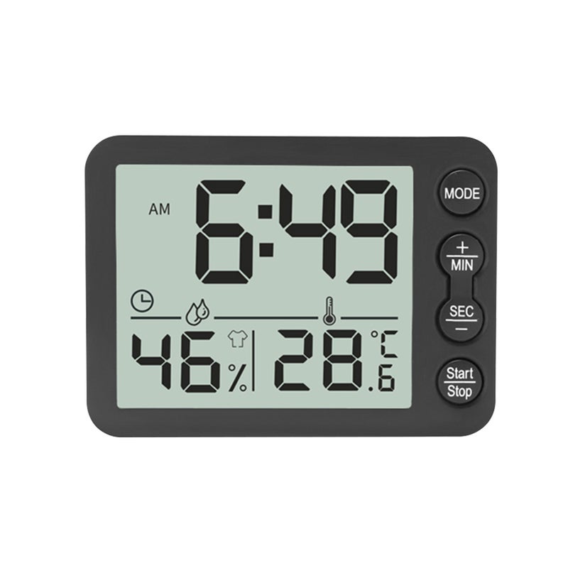 EHOME - Digital Indoor Thermometer & Hygrometer With Clock LCD Display Black 9.8cm - Image 1