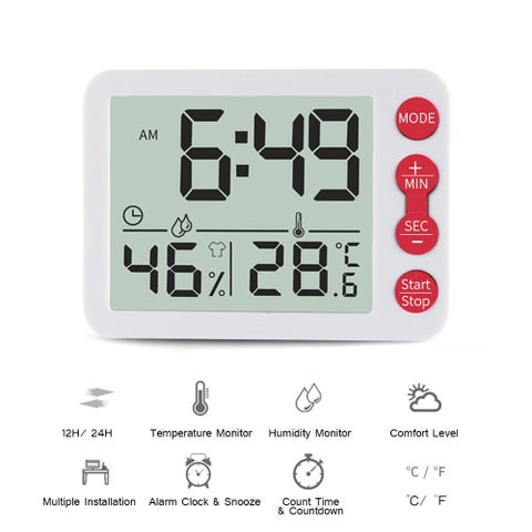Digital Indoor Thermometer Hygrometer With Clock LCD Display White & Red 9.8cm