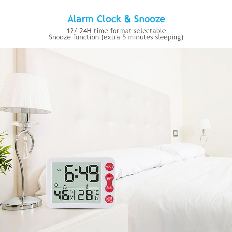 EHOME - Digital Indoor Thermometer Hygrometer With Clock LCD Display White & Red 9.8cm - Image 1