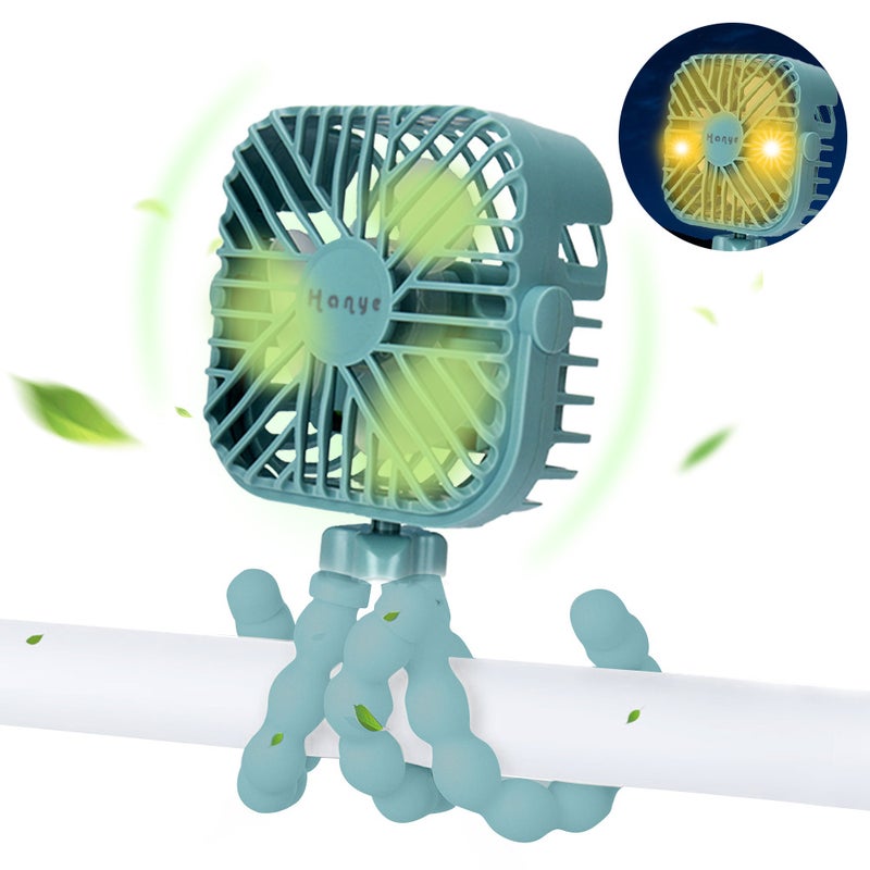 إيهوم مروحة تبريد صغيرة محمولة باليد بـ 3 سرعات وشحن USB مع حامل ثلاثي القوائم مرن بضوء LED أخضر 15.5سم - Image 1