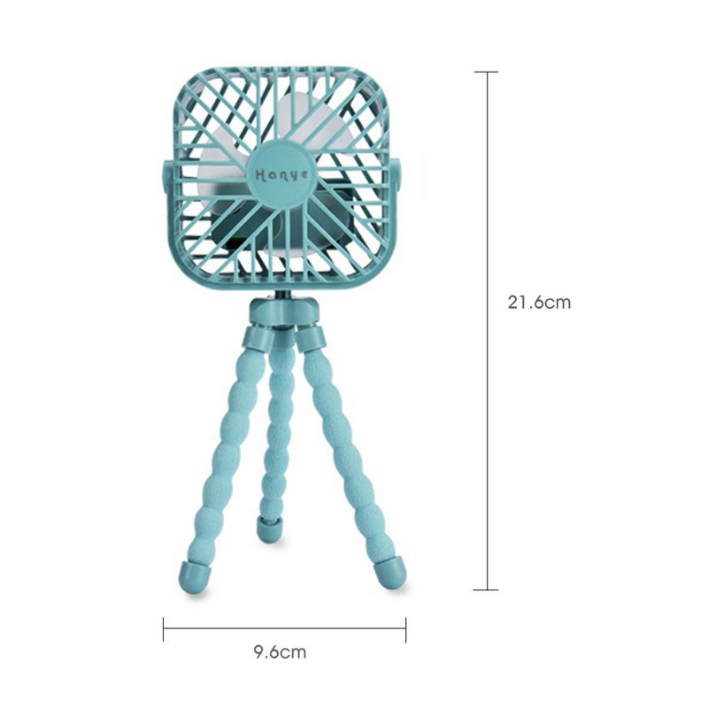 إيهوم مروحة تبريد صغيرة محمولة باليد بـ 3 سرعات وشحن USB مع حامل ثلاثي القوائم مرن بضوء LED أخضر 15.5سم - Image 3