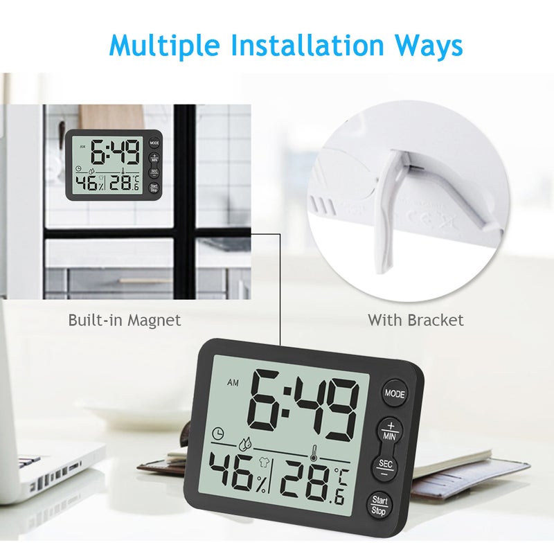 EHOME - Digital Indoor Thermometer & Hygrometer With Clock LCD Display Black 9.8cm - Image 1