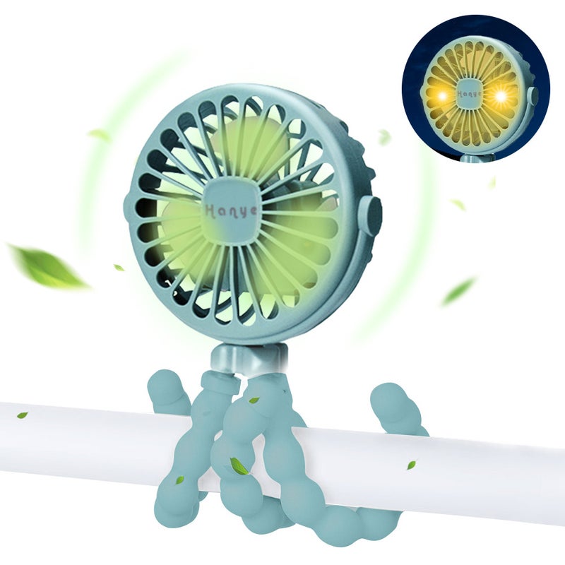 إيهوم مروحة تبريد صغيرة محمولة باليد بـ 3 سرعات وشحن USB مع حامل ثلاثي القوائم مرن بضوء LED أخضر 15.5سم - Image 1