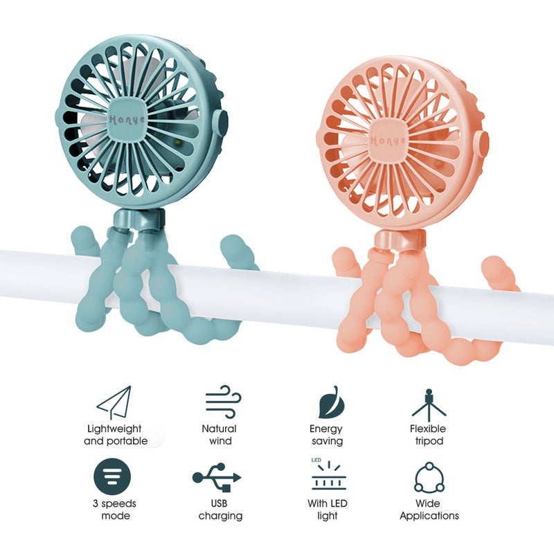 إيهوم مروحة تبريد صغيرة محمولة باليد بـ 3 سرعات وشحن USB مع حامل ثلاثي القوائم مرن بضوء LED أخضر 15.5سم - Image 2