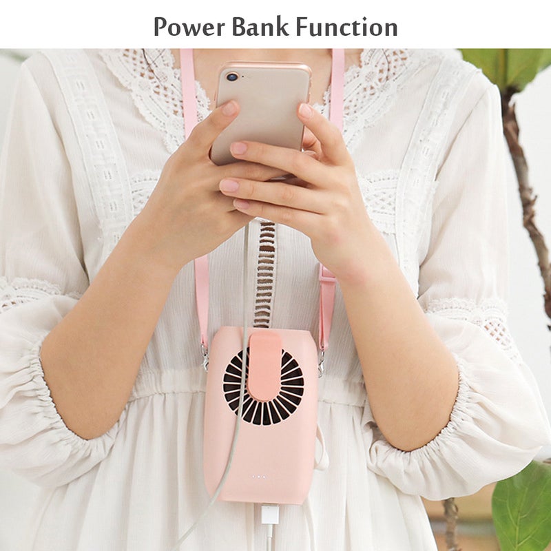 إيهوم مروحة محمولة باليد ويمكن تعليقها بالرقبة ومزودة بباور بنك وردي 17سم - Image 3