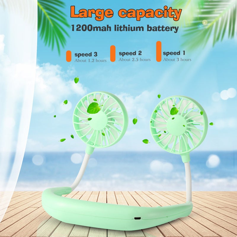 EHOME Small Personal Mini USB Rechargeable 3-Speeds Neck Fan Green 27cm - Image 2