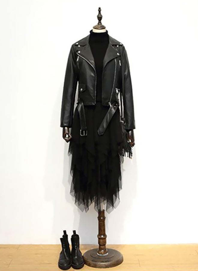 QiaoKai Solid Biker Jacket Black  - Image 2