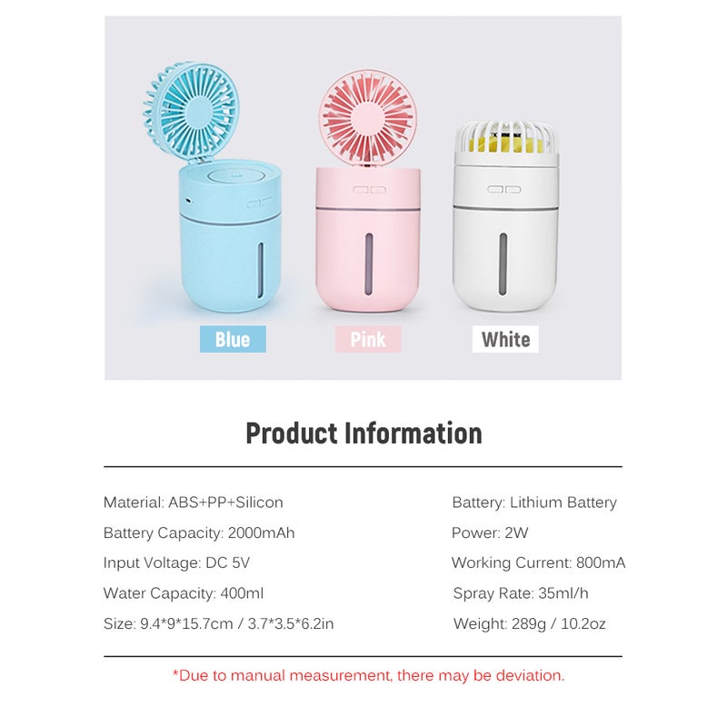 إيهوم جهاز ترطيب الهواء بالرذاذ بتصميم 2 في 1 ومزود بمنفذ USB ومروحة محمولة وردي 16.5سم - Image 5