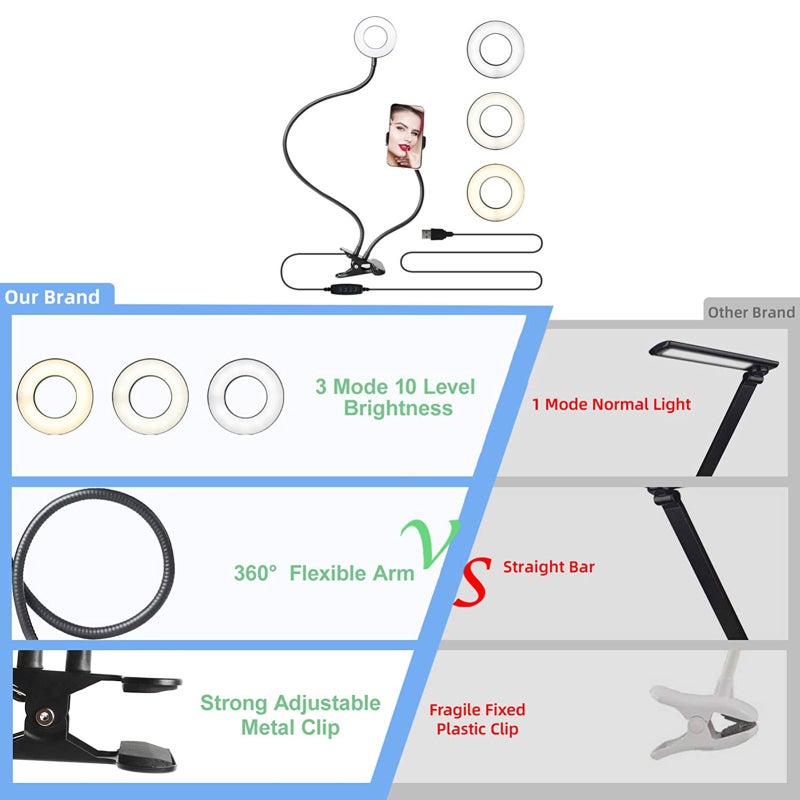 حلقة إضاءة LED للتصوير الفوتوغرافي مع حامل ثلاثي القوائم وحامل للهاتف أسود 18x8x16سم - Image 3