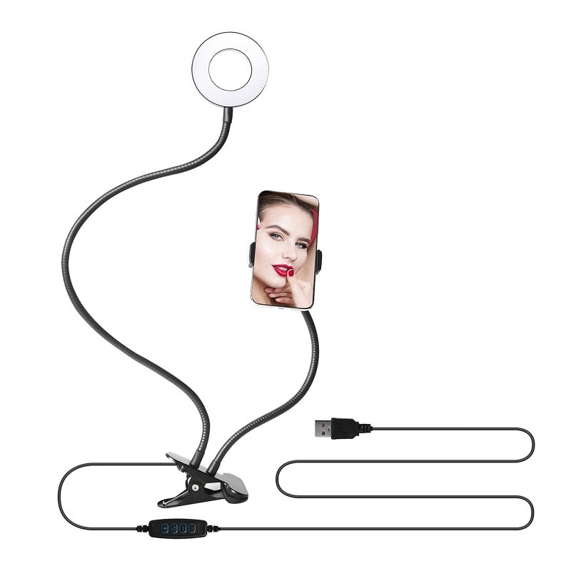 حلقة إضاءة LED للتصوير الفوتوغرافي مع حامل ثلاثي القوائم وحامل للهاتف أسود 18x8x16سم - Image 4