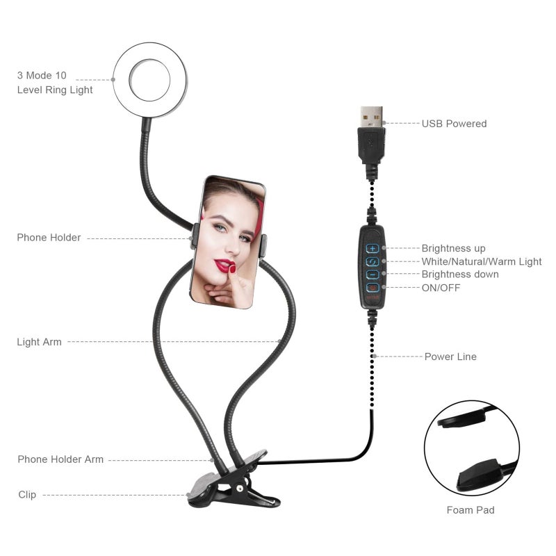 حلقة إضاءة LED للتصوير الفوتوغرافي مع حامل ثلاثي القوائم وحامل للهاتف أسود 18x8x16سم - Image 5