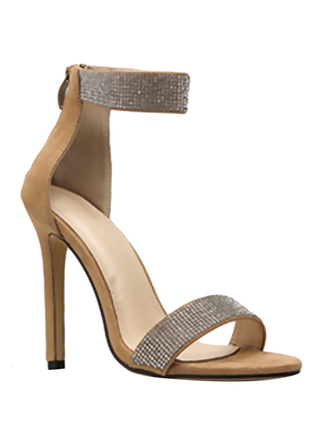 Rhinestone Studded Stiletto Dress Sandals Beige  - Image 1