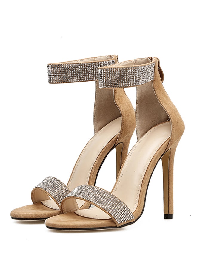 Rhinestone Studded Stiletto Dress Sandals Beige  - Image 2