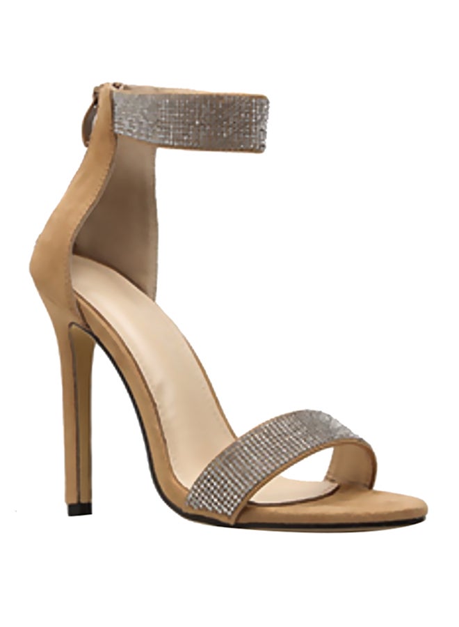 Rhinestone Studded Stiletto Dress Sandals Beige  - Image 1