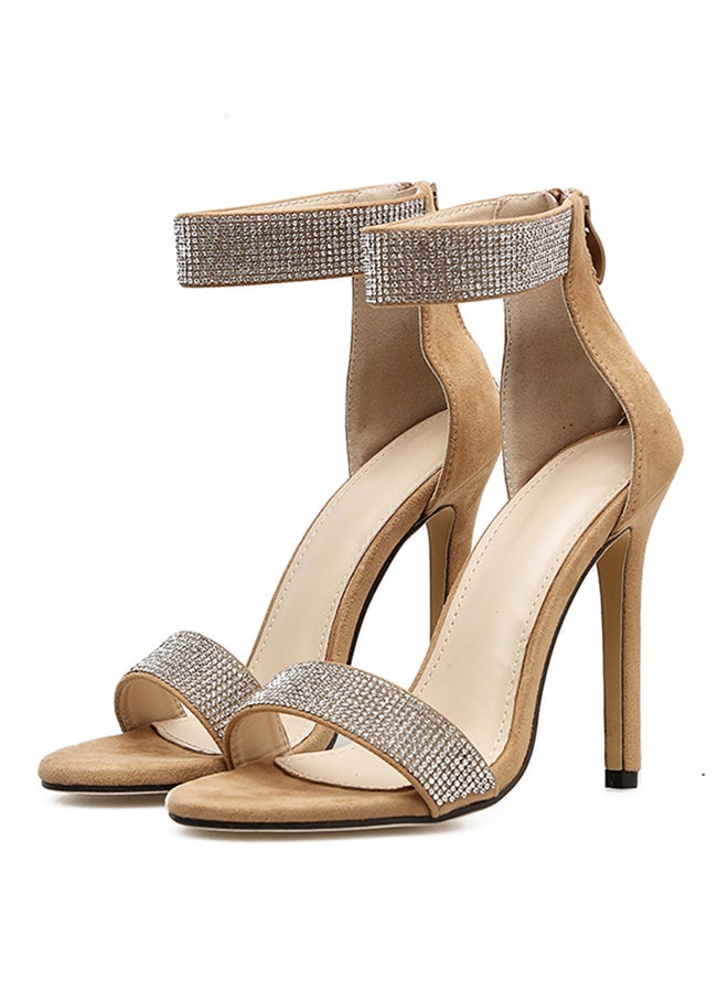 Rhinestone Studded Stiletto Dress Sandals Beige  - Image 2
