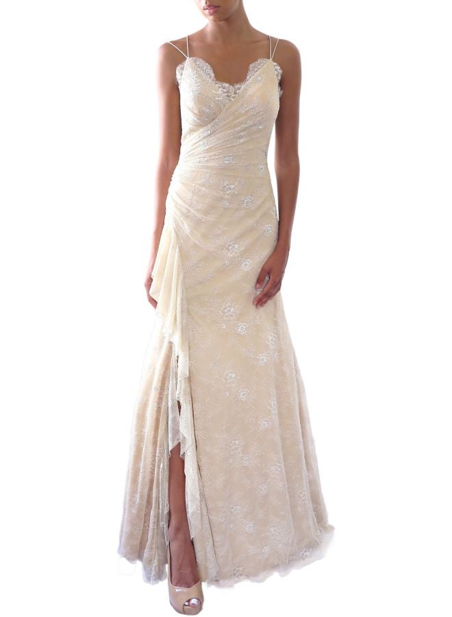 CHRISTOPHE GUILLARME Lace Detail Maxi Dress Champagne 