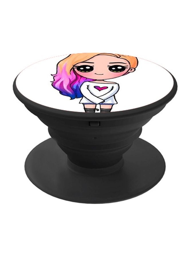 BP Cartoon Girl Printed Pop Socket Phone Holder Black/White/Pink - Image 1