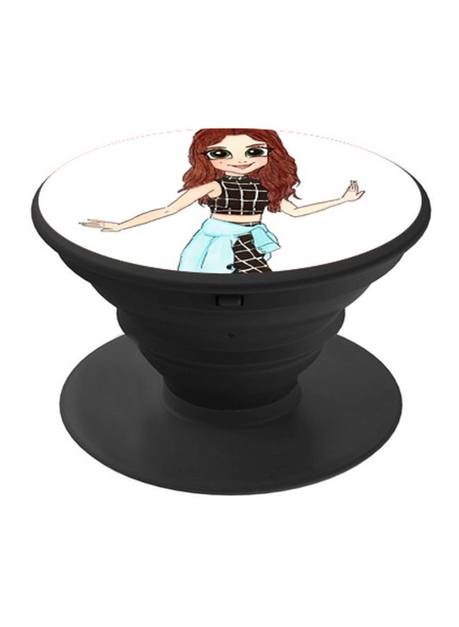 BP Cartoon Girl Printed Pop Socket Phone Holder White/Brown/Black - Image 1