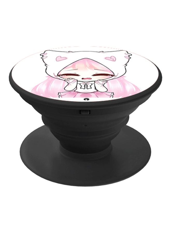 BP Cartoon Girl Printed Pop Socket Phone Holder White/Pink/Black - Image 1
