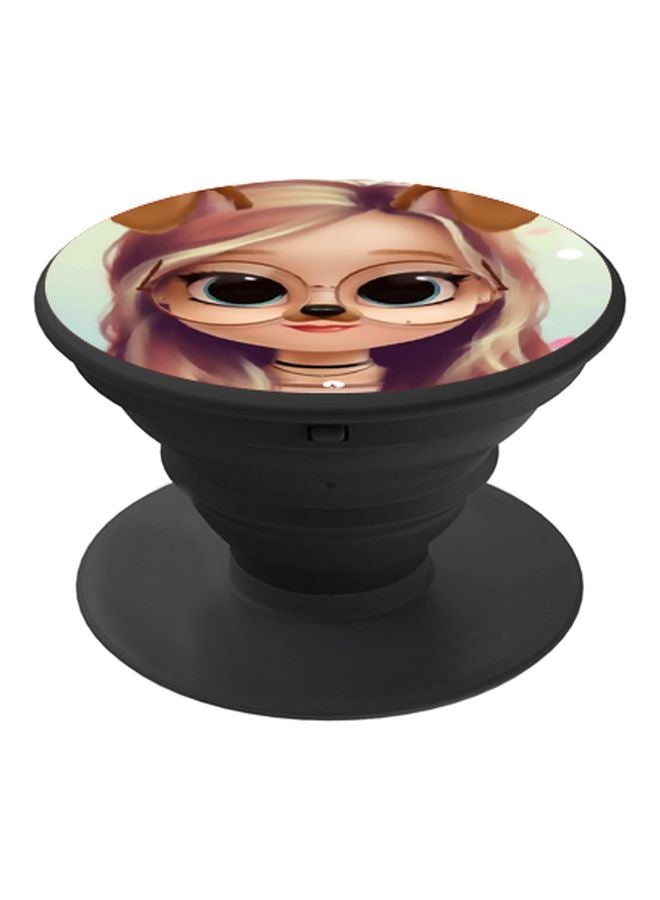 BP Cartoon Girl Printed Pop Socket Phone Holder Black/Brown - Image 1