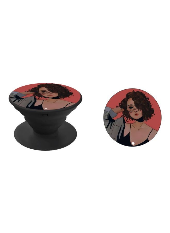BP Animated Girl Printed Pop Socket Phone Holder Grey/Brown/Red - Image 2