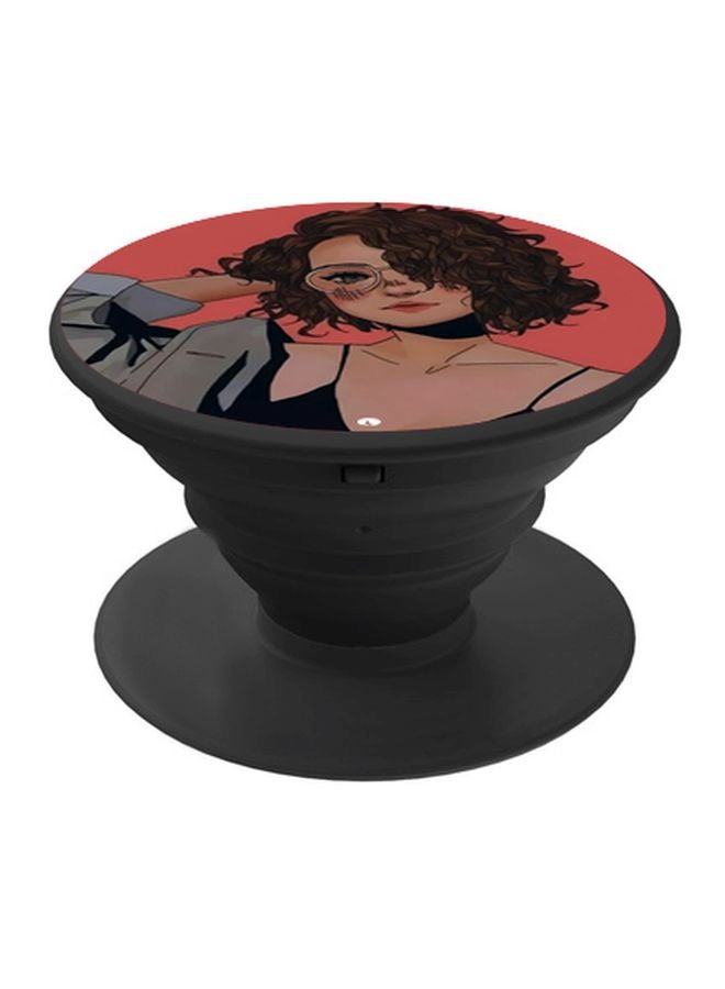BP Animated Girl Printed Pop Socket Phone Holder Grey/Brown/Red - Image 1