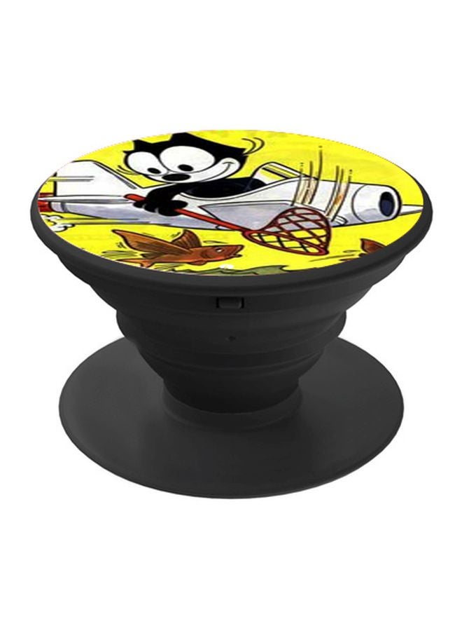 BP Cute Cat Catching Fish Printed Pop Socket Phone Holder Black/Yellow - Image 1