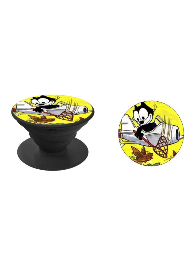 BP Cute Cat Catching Fish Printed Pop Socket Phone Holder Black/Yellow - Image 2