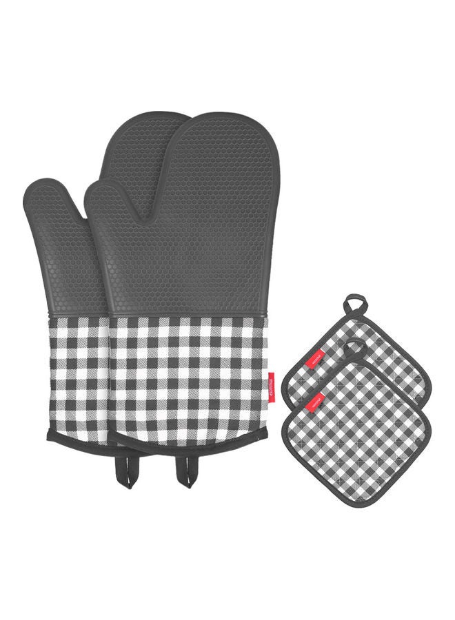 4-Piece Checkered Pattern Silicone Gloves With Insulation Pot Mat Grey  - Image 1