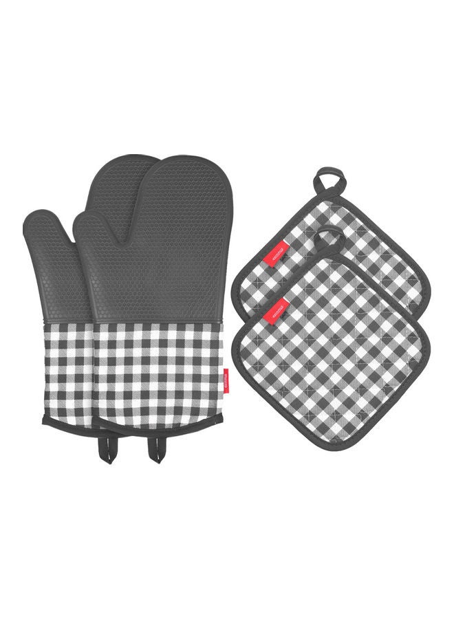 4-Piece Checkered Pattern Silicone Gloves With Insulation Pot Mat Grey  - Image 5