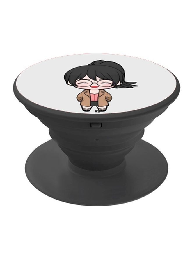 BP Cartoon Girl Printed Pop Socket Phone Holder White/Brown/Black - Image 1