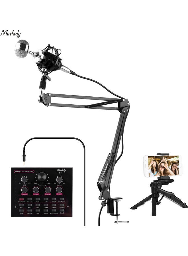Muslady 12 Live Sound Card And Professional Condenser Microphone Kit With Windscreen XLR Audio Cable I7105B Black 