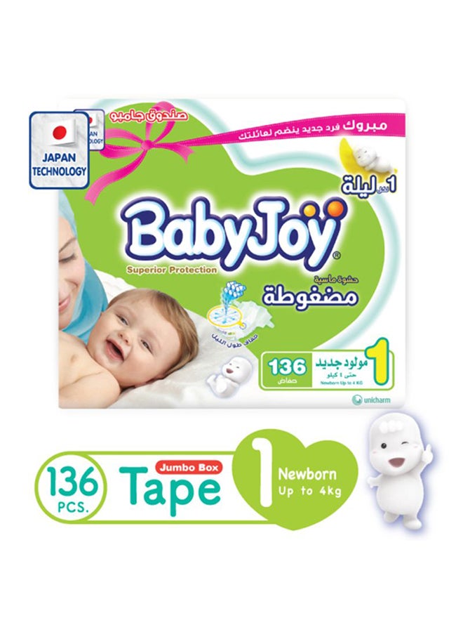 بيبي جوي حفاضات مضغوطة، مقاس 1، لحديثي الولادة، حتى 4 كجم، عبوة كبيرة للغاية، 136 قطعة - Image 2