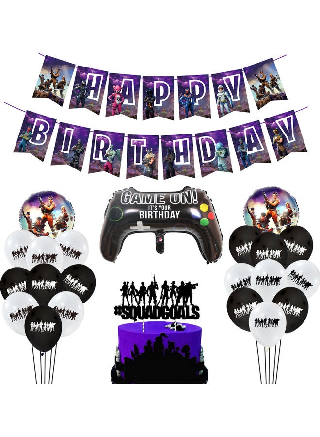 طقم للتزين لأعياد الميلاد بتصميم الألعاب الإلكترونية مكون من لوحة بطبعة "Happy Birthday"، بلالين، وقطعة لتزيين الكعكة متعدد الألوان 26.00 x 2.00 x 20.00سم - Image 1