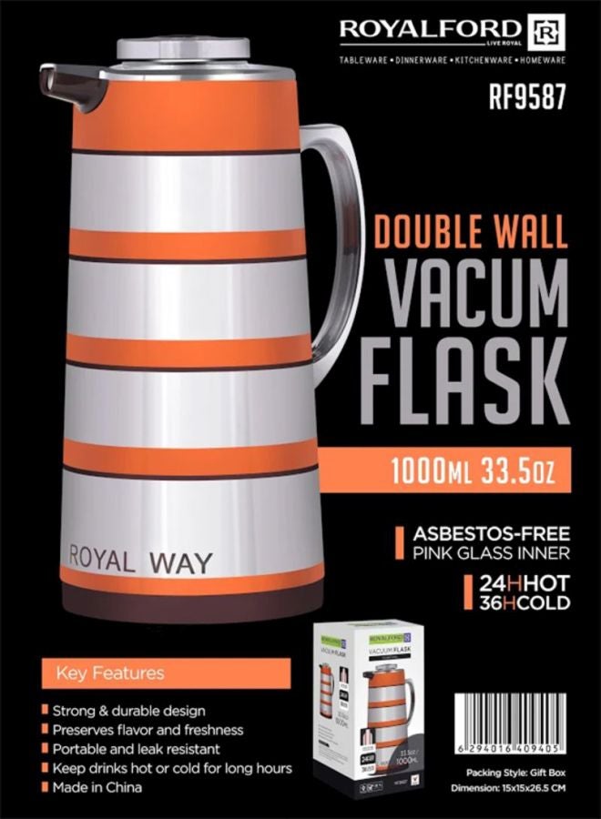 Double Wall Golden Figured Vacuum Flask Silver/Orange 1Liters - v1607352847/N32123400A_2