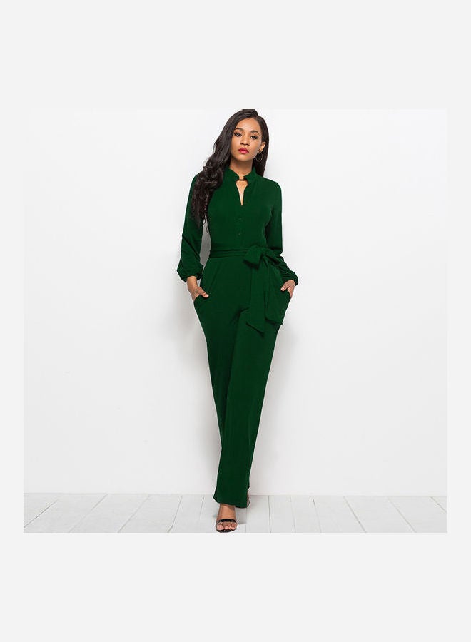 Generic - Solid Belted Playsuit Dark Green - Image 1