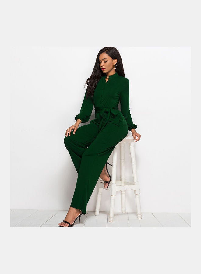 Generic - Solid Belted Playsuit Dark Green - Image 1
